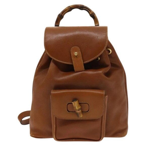 GUCCI Bamboo Backpack Leather Brown Gold - Picture 1 of 16